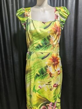 Joseph Ribkoff Tropical Print Sheath Dress Size 8 Orchid Monstera Cap Sleeve